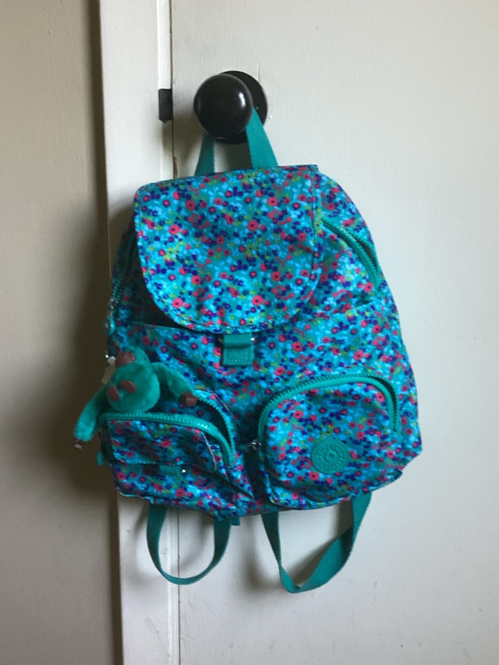 Kipling Teal Floral Kids Backpack with Monkey Keychain